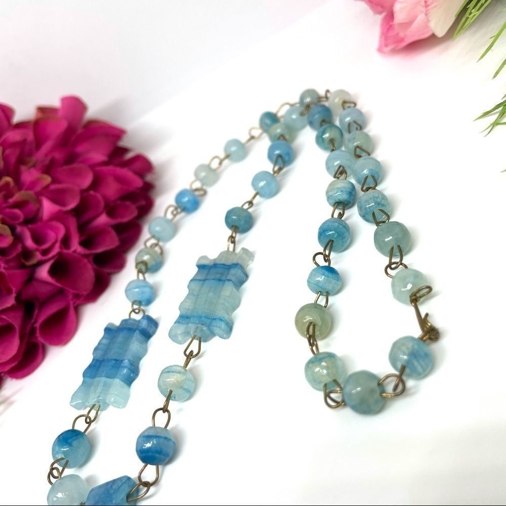 VINTAGE⚜️Genuine Teal Quartz Carved Gem Necklace - Picture 7 of 12